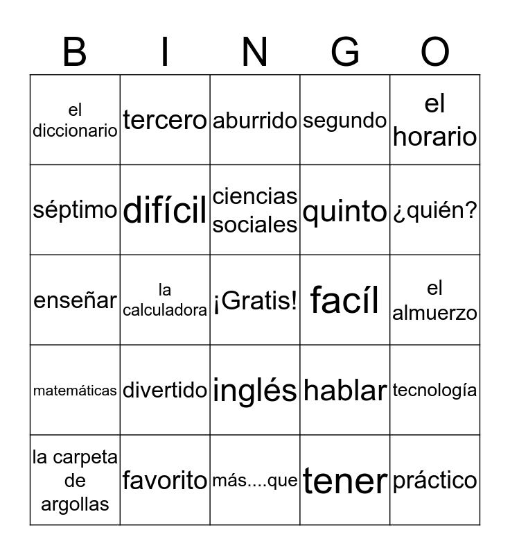 Vocabulario Capítulo 2A Bingo Card