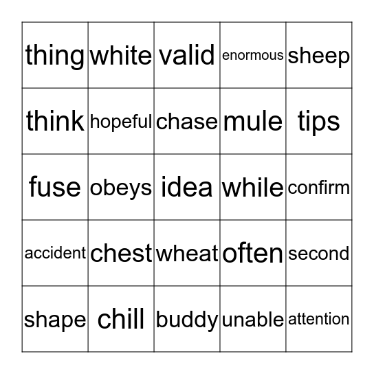 Consonant Digraphs Ch Sh Th Wh Bingo Card