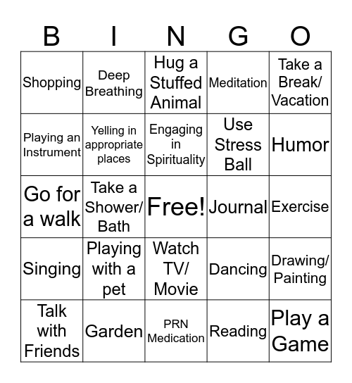 Coping Skills Bingo Card