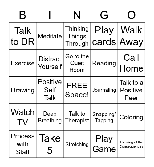 On The Unit Coping Skills Bingo Card