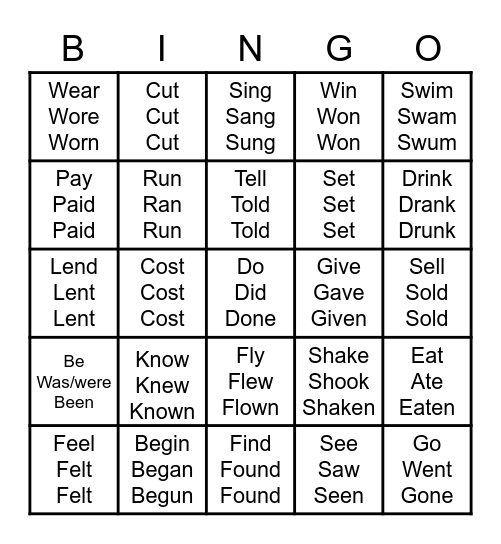 Irregular Verbs Bingo Card