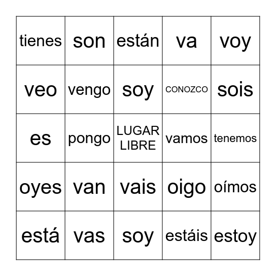 Verbos Irregulares Bingo Card