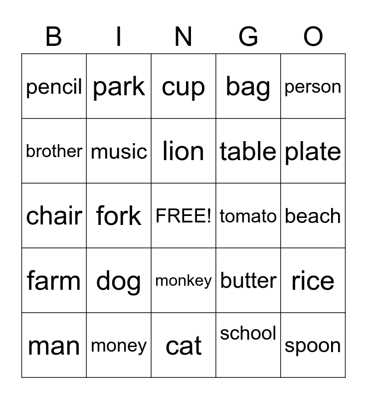 Countable And Uncountable Nouns Bingo Card