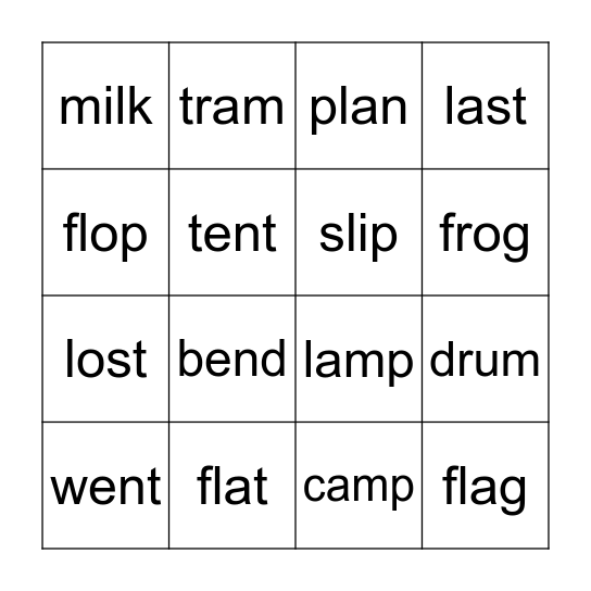 CCVC And CVCC Word Bingo Card