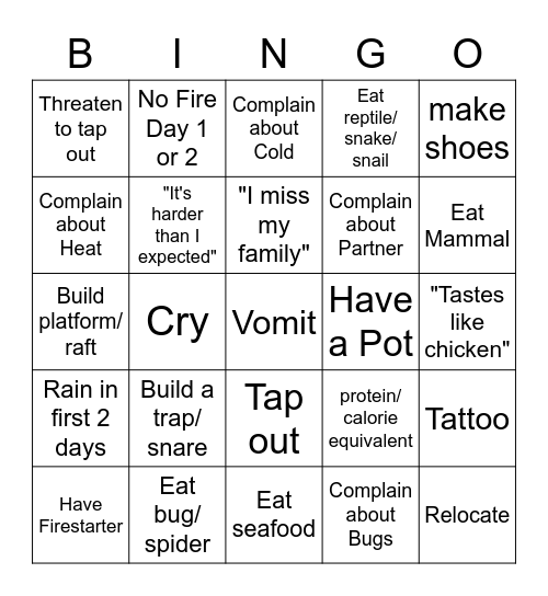 Naked And Afraid Bingo Card