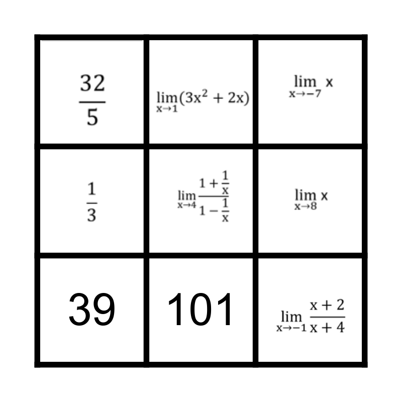 Bingo Calculus Bingo Card