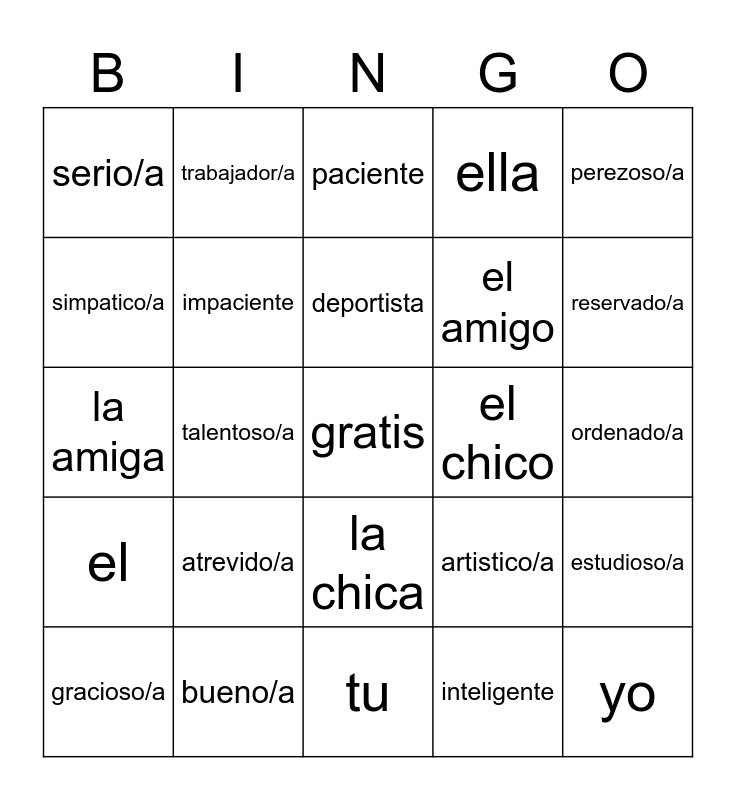 Adjetivos Bingo Card