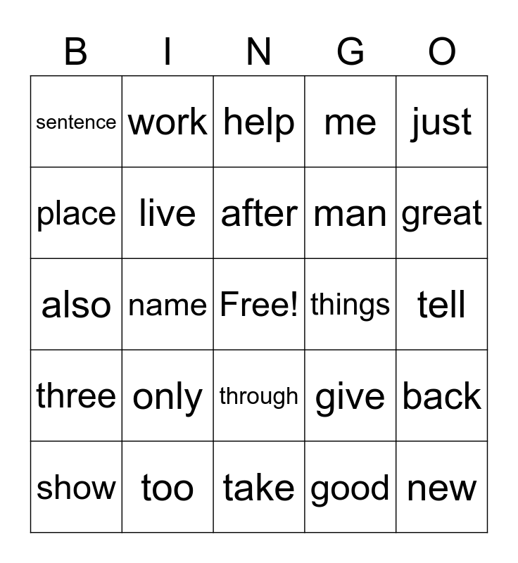 Sight Words Bingo Card