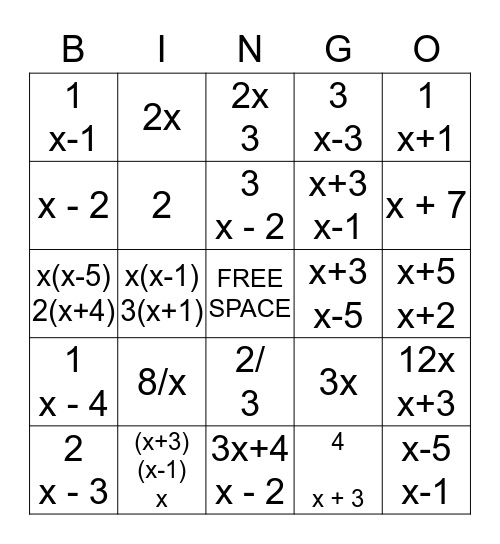 Rational Expressions Bingo Card