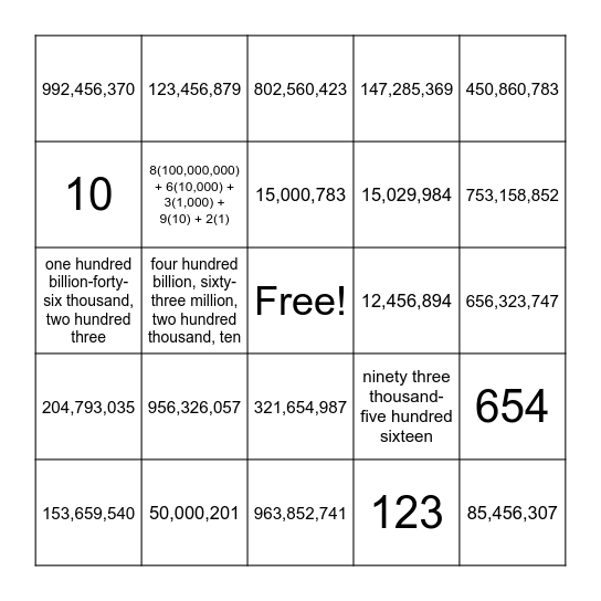 Place Value Bingo Card