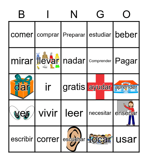 Spanish Infinitive Verbs Meanings Bingo Card