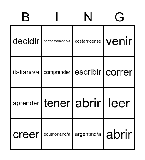 Verbos ER IR Nacionalidades Bingo Card