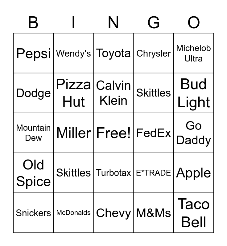 Super Bowl Commercial Bingo Card