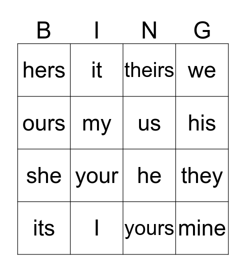 Possessive Pronouns Bingo Card