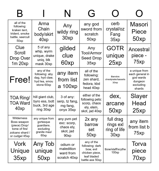 Pvm Hunt Bingo Card