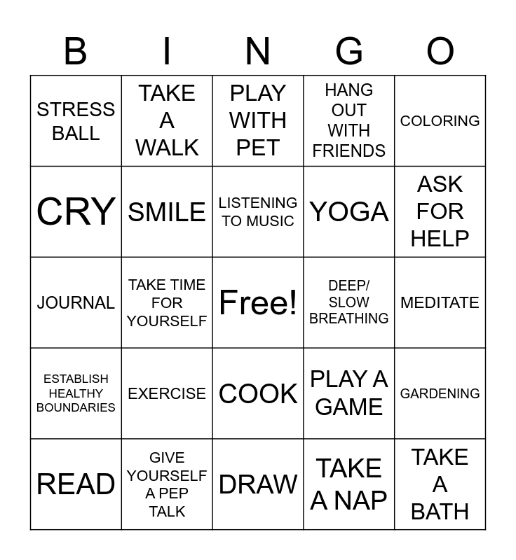 Coping Skill Bingo Card