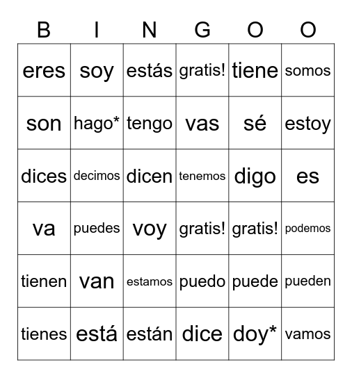 Los 9 Verbos Irregulares Bingo Card