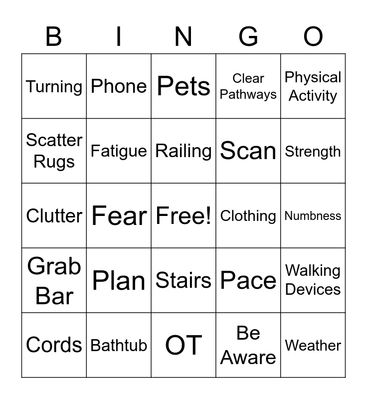 Falls Prevention Bingo Card