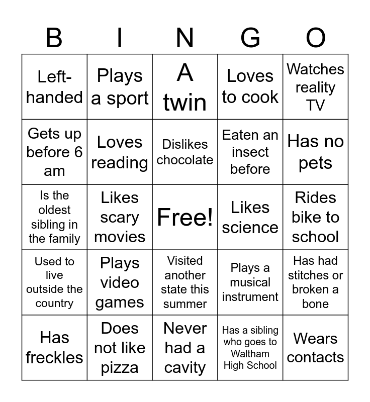 Get To Know Each Other Bingo Card