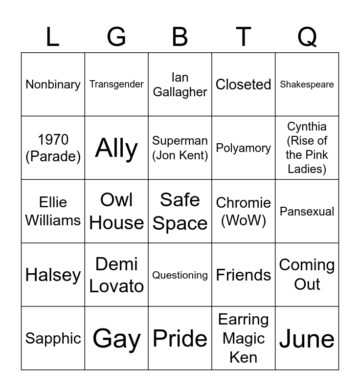 Gay Bingo Card