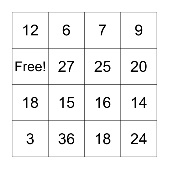 Multiplication Bingo Card