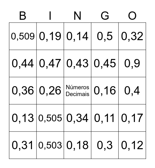 N Meros Decimais Bingo Card