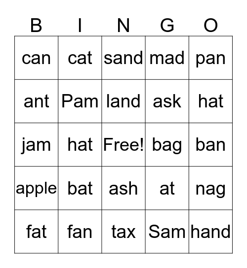 Short A Sound Bingo Card