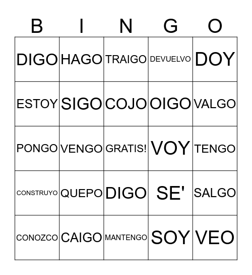 VERBOS IRREGULARES Bingo Card