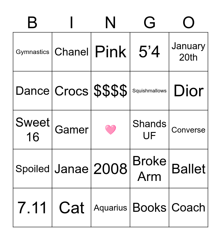 Morgan S Sweet Bingo Card