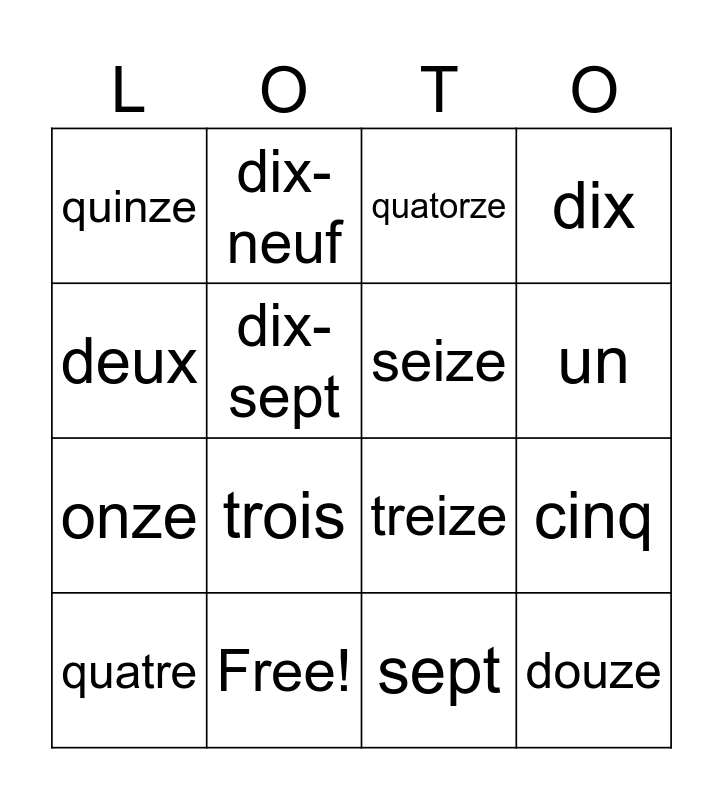 Les nombres 0 à 20 Bingo Card