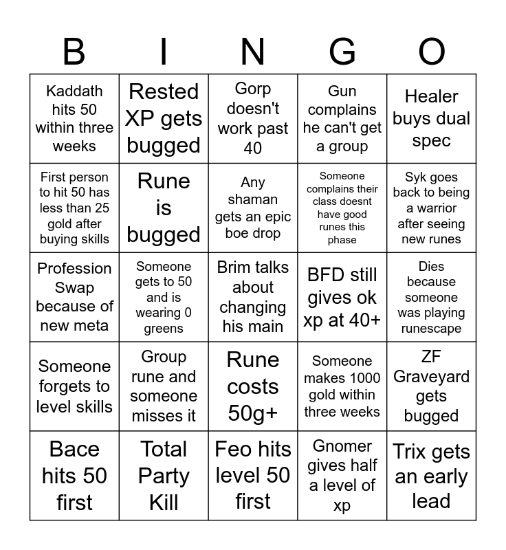 SOD Phase 3 Leveling Bingo Card