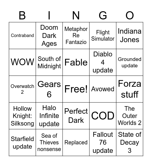 Xbox Showcase Bingo Card