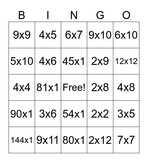 Multiplication Bingo Card