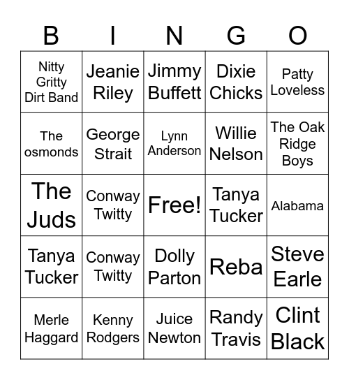 Country Artist Bingo Card