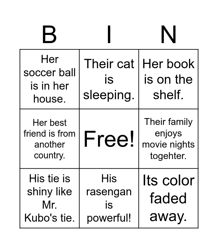 Possessive Adjectives Bingo Card