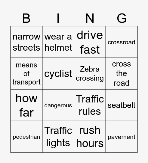 Traffic Vocabulary Bingo Card