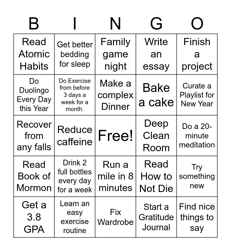 New Year S Resolution Bingo Card