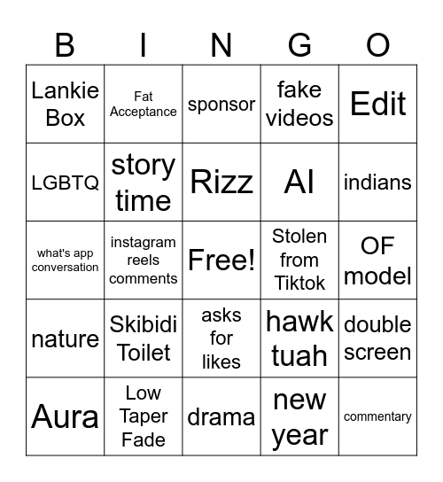 Youtube Shorts Bingo Card