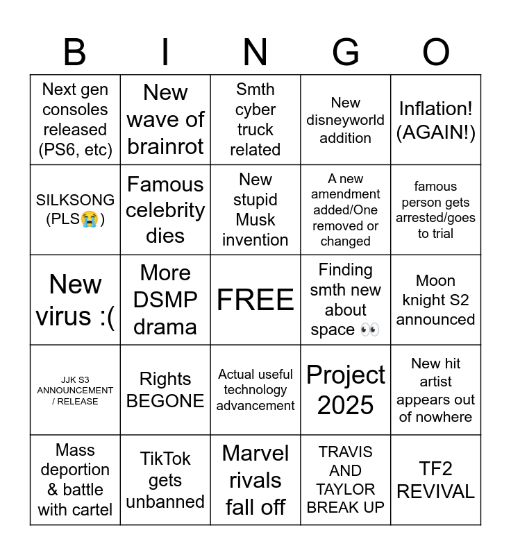 STARS 2025 PREDICTION Bingo Card