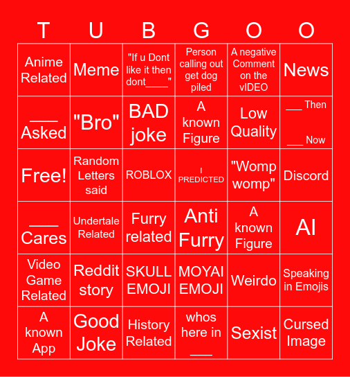 Youtube Bingo Card