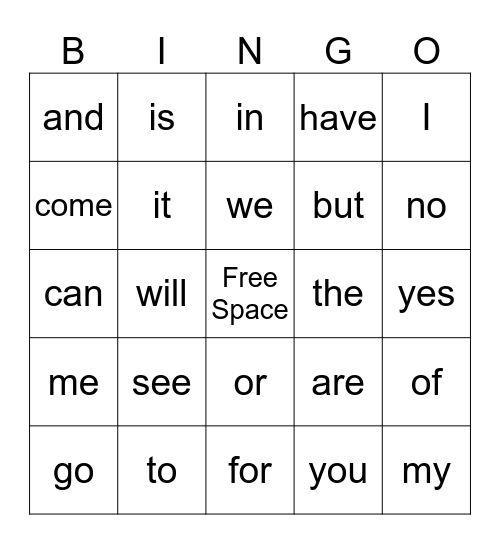 Sight Word Bingo Card