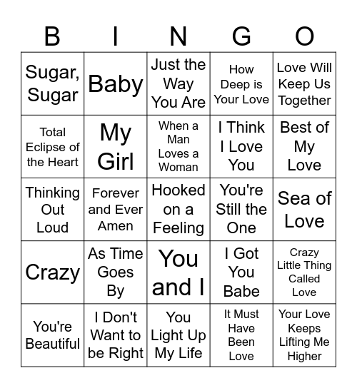 Valentines Music Bingo Card