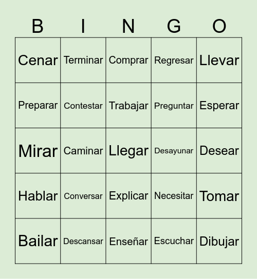 Bingo de Verbos en Español Bingo Card