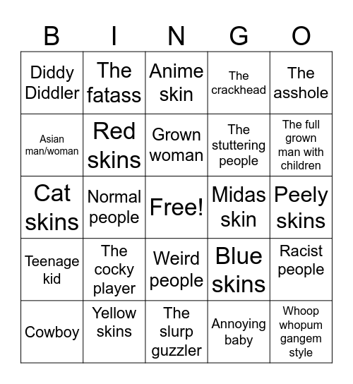 Fortnite Stereotypes Bingo Card