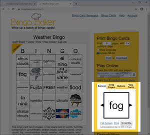 The location of the bingo card call list for online bingo play