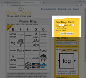 The location of the bingo card print menu