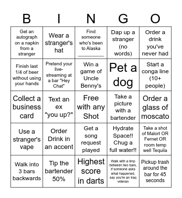 Bailey's Bar Bingo Card