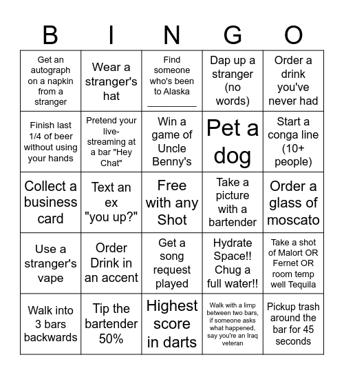 Bailey's Bar Bingo Card