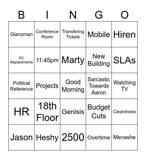 Desktop Support Team Meeting Bingo Card