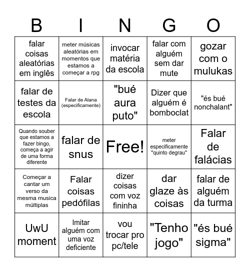Bingo do lussão Bingo Card